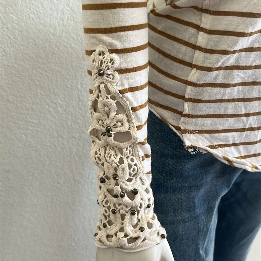 Free People Mustard Tuscaloosa Hard Candy Henley with Beaded Crocheted Cuffs